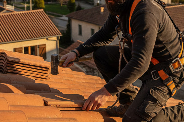 Artisan en train de poser des tuiles à Caulnes